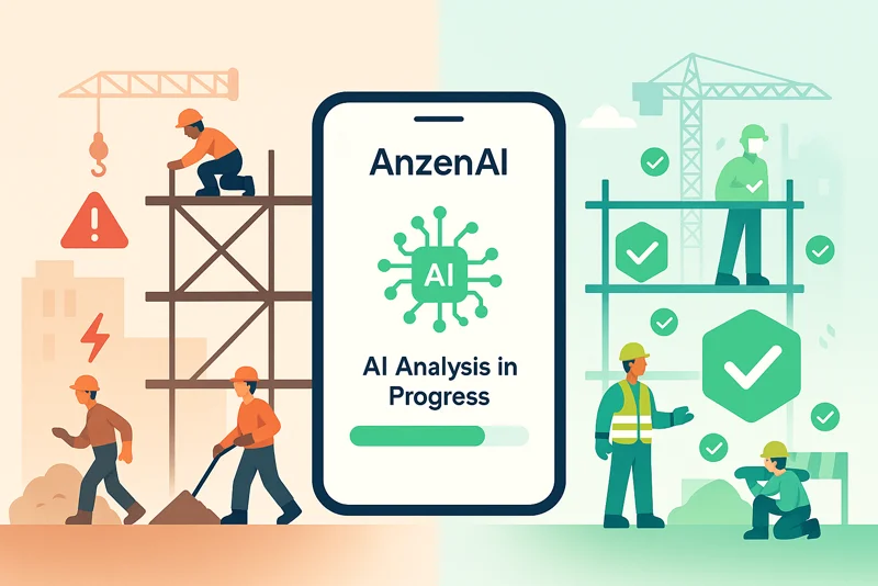 AI-powered safety management illustration showing construction workers using digital safety tools